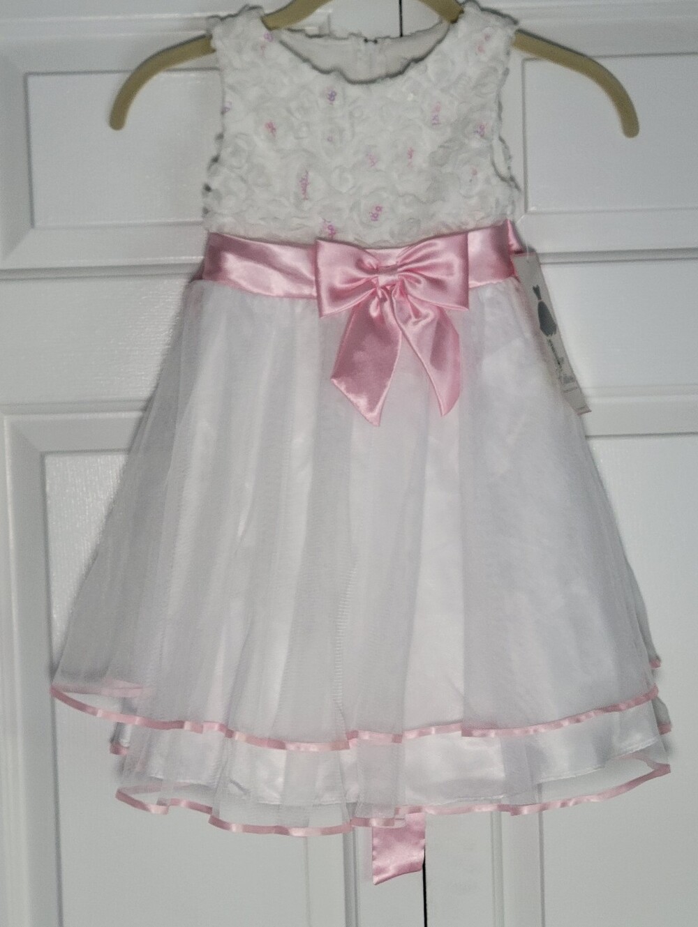 Rare Editions White and Pink Sequin Bodice Tulle with Satin Bow - NWT